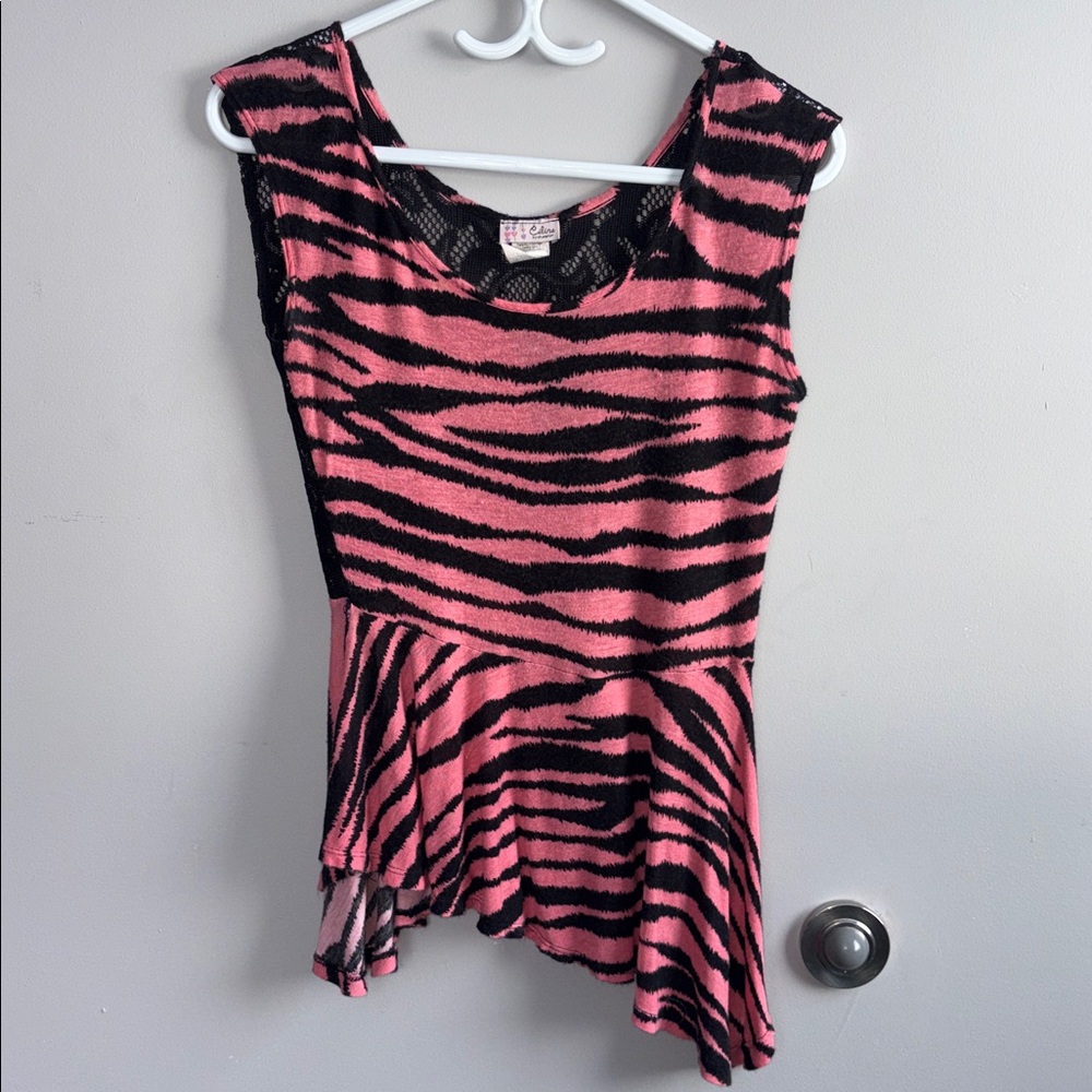 Celine By Champion Pink and Black Zebra Print Short Sleeve Peplum Top